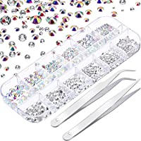 Diamantes de Imitación de Uñas Cristal AB y Cristal Transparente Gemas de Vidrio Redondas de Arte de Uña y 2 Pinzas con…